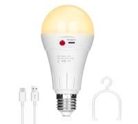 Ampoule rechargeable USB, 10 W, lampes LED E27, commande par bouton, intensité variable, ampoule à batterie 2000 mAh avec crochet pour éclairage d'urgence intérieur/extérieur (blanc chaud, 1 paquet)