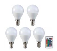 Ampoule RGB LED E14 dimmable avec télécommande Boule avec changement de couleur, 4,8 watts 470 lumens blanc chaud, DxH 4,5x8,8 cm, lot de 5