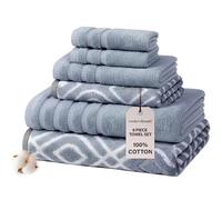 Amrapur 6-Piece Yarn Dyed Oxford Stripe Jacquard/Solid Ultra Soft 550GSM 100% Combed Cotton Towel Set Lot de 6 Serviettes en Fil Teint Bleu, 40,6 x 25,4 x 12,7 cm