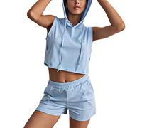 amropi 2 pièces Survêtement Femme Ensembles Crop Tops à Capuche + Shorts Sportswear Bleu, S