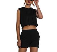 amropi 2 pièces Survêtement Femme Ensembles Crop Tops à Capuche + Shorts Sportswear Noir, M