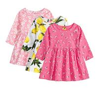 amropi Bébé Fille Fleurs Imprimé Coton Robe Casual Lot de 3 Manches Longues Robe Style Trois,4-5 Ans