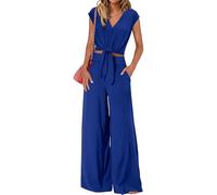amropi Ensemble Femme Elegant Col en V Manche Courts Longues Pantalon Large Loungewear Set Bleu,L