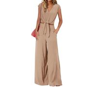amropi Ensemble Femme Elegant Col en V Manche Courts Longues Pantalon Large Loungewear Set Kaki,L