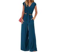 amropi Ensemble Femme Elegant Col en V Manche Courts Longues Pantalon Large Loungewear Set Marine,L