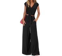 amropi Ensemble Femme Elegant Col en V Manche Courts Longues Pantalon Large Loungewear Set Noir,XL