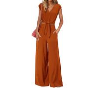 amropi Ensemble Femme Elegant Col en V Manche Courts Longues Pantalon Large Loungewear Set Orange,M