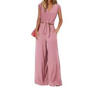 amropi Ensemble Femme Elegant Col en V Manche Courts Longues Pantalon Large Loungewear Set Rose,S