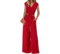 amropi Ensemble Femme Elegant Col en V Manche Courts Longues Pantalon Large Loungewear Set Rouge,M