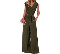 amropi Ensemble Femme Elegant Col en V Manche Courts Longues Pantalon Large Loungewear Set Vert armée,L