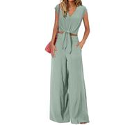 amropi Ensemble Femme Elegant Col en V Manche Courts Longues Pantalon Large Loungewear Set Vert Clair,XXL
