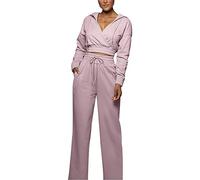 amropi Femme Ensemble de Survêtement à Capuche Col en V Haut de Recadrage et Pantalons Larges Survêtement Violet, XL