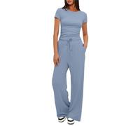 amropi Femme Ensemble Pantalons Larges Jambes et T-Shirt froncé 2 Pièces Survêtement Combinaison Bleu,M