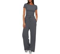 amropi Femme Ensemble Pantalons Larges Jambes et T-Shirt froncé 2 Pièces Survêtement Combinaison Gris,M