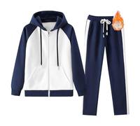 amropi Femme Survêtement doublée de Fourrure Ensemble Veste Sweat à Capuche Jogging Pantalon Tenue de Sport Marine, XS