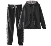amropi Femme Survêtement Ensembles Imprimées Léopard Tenues Pull à Capuche et Jogging Pantalons Ensemble de Sport Noir, XL