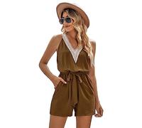 amropi Femmes Combinaison Été sans Manches Jumpsuit Rompers Casual Combishort avec Poches Kaki,M