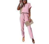amropi Femmes Combinaison Manches Courtes Col V Jumpsuit Élégant Pantalon Casual Combishort avec Ceinture