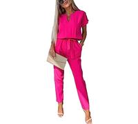 amropi Femmes Combinaison Manches Courtes Col V Jumpsuit Élégant Pantalon Casual Combishort avec Ceinture