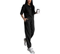 amropi Femmes Été Survêtement Manches Courtes Ensemble de Haut Bouton et Pantalon de Jogging 2 Pièces Tenues Noir,L