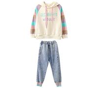 amropi Filles Ensembles Pantalon et Haut Sweats à Capuche Survêtement Jeans Jogging Vêtement Beige Bleu, 3-4 Ans