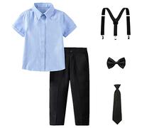 amropi Garçon Ensemble Vêtements Manches Courtes Noeud Papillon Chemises Bretelles Pantalons Bleu Noir, 7-8 Ans