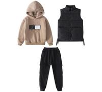 amropi Garçon Survêtement Sweat à Capuche et Gilet Haut et Pantalon 3 Pièces Vêtements Ensemble Kaki Noir, 11-12 Jahre