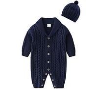 amropi Nouveau-né Bébé Tricot Barboteuse avec Bonnet Combinaison Manches Longues Tenue Ensemble 12-18 Mois,Marin