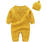 amropi Nouveau-né Bébé Tricot Barboteuse avec Bonnet Combinaison Manches Longues Tenue Ensemble 12-18 Mois,Jaune