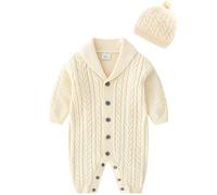 amropi Nouveau-né Bébé Tricot Barboteuse avec Bonnet Combinaison Manches Longues Tenue Ensemble 12-18 Mois,Beige-1