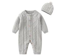 amropi Nouveau-né Bébé Tricot Barboteuse avec Bonnet Combinaison Manches Longues Tenue Ensemble 12-18 Mois,Gris