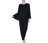 amropi Pyjamas Femme Coton Pyjama Ensemble Manche Longue Vêtements de Nuit en Col Rond Grande Taille Noir,6XL