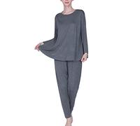 amropi Pyjamas Femme Coton Pyjama Ensemble Manche Longue Vêtements de Nuit en Col Rond Grande Taille Gris,7XL