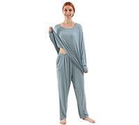amropi Pyjamas Femme Pyjama Ensemble Manche Longue Vêtements de Nuit en Col Rond Grande Taille Bleu,4XL