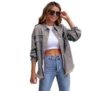 amropi Veste en Jean pour Femmes Chemisier en Denim Léger Blouson Ourlet Effiloché Jacket Gris Clair, S