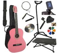 AMROVA Pack Guitare Classique 1/2 Enfant (6 à 8 ans) Support Guitare + Repose Pied + 9 Accessoires Cour Vidéo et CD (Rose, 1/2, Droit)