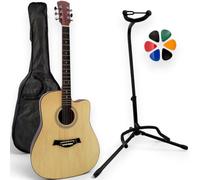 AMROVA - Pack Guitare Folk 41 Pouces Pan Coupé Droitier + Housse, Support au Sol, Sangle, 6 Médiators, Cours Vidéo - Cordes Acier, Livrée Accordée (Naturel)