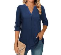 Amrto Chemisier long pour femme - Manches 3/4 - Col en V - Tunique élégante - Manches longues - Décontracté - Décontracté - Décontracté - Pour le bureau, Couleur unie - Bleu marine, S
