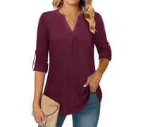 Amrto Chemisier long pour femme - Manches 3/4 - Col en V - Tunique élégante - Manches longues - Décontracté - Décontracté - Décontracté - Pour le bureau, 2 couleurs unies - Bordeaux, M