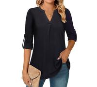 Amrto Chemisier long pour femme - Manches 3/4 - Col en V - Tunique élégante - Manches longues - Décontracté - Décontracté - Décontracté - Pour le bureau, 1 couleur unie - Noir, M