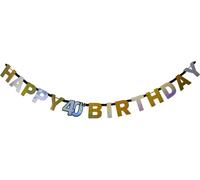 amscan 120204 Bannière prismatique en forme de lettre, dorée, pour le 40e anniversaire, Happy Birthday, 2,4 m x 16 cm