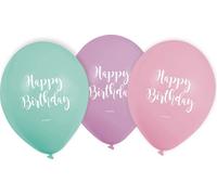 Amscan 9901851 - Ballons latex Happy Birthday Pastel, 6 pièces, environ 28 cm, vert menthe, rose, violet clair, anniversaire, ballons