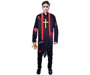 amscan 9902701 Costume de zombie Priester Robe, écharpe, chaîne croix, monstre, fantôme, fête à thème, carnaval, Halloween, Multicolore, XXL