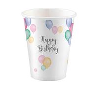 amscan 9903710 Lot de 8 gobelets au motif de l’inscription « Happy Birthday » et des ballons en pastel, pour un anniversaire, une fête