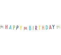 Amscan 9906770 - Chaîne de fête Confetti Anniversaire 50, dimensions 180 x 13,8 cm, blanche avec confettis, inscription HAPPY BIRTHDAY et 3 x le chiffre 50, en papier, anniversaire rond, décoration, g