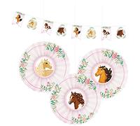 amscan 9909885 - Kit de décoration 4 pièces avec Chevaux, 1 Guirlande et 3 éventails à Motifs, décoration à Suspendre, Anniversaire, Carnaval, fête à thème.