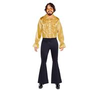 Amscan 9918523 - Men's 1970's Gold Satin Ruffle Shirt Adults Fancy Dress Costume Size: Small