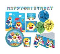 amscan ( cde 8 )Kit bébé shark 56 pièces Vaisselle jetable & décoration Motif Requin Anniversaire d'enfant fête à thème