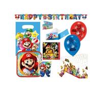 amscan ( cde 8) - Kit Super Mario 60 pièces, Vaisselle jetable et décoration pour Anniversaire d'enfant, fête à thème + 10 bougies