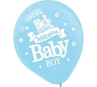 amscan Charming Welcome Little One Boy Printed Latex Balloons Baby Shower Party Decorations, 12", Blue/White/Green
